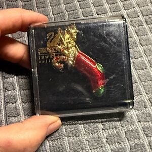 Vintage Swarovski Red and Gold Christmas stocking pin